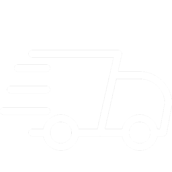 Icon of a delivery truck with motion lines indicating fast delivery, on a black background.