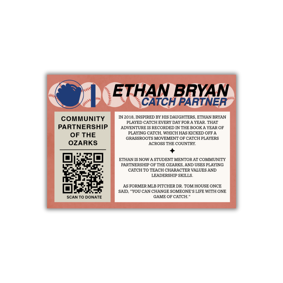 Back of the updated Ethan Bryan Catch Partner trading card featuring program information and donation QR code.