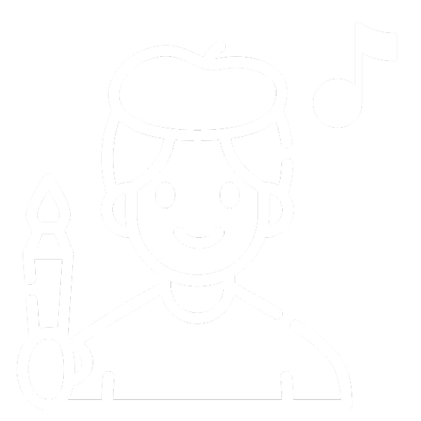 Line drawing of a smiling person holding a pen, with a music note above their head, on a black background.