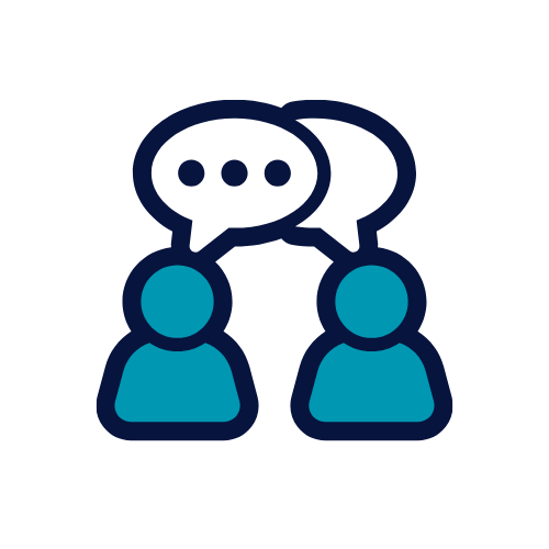 Two people with speech bubbles above their heads having a conversation.