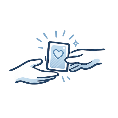 Two hands exchanging a smartphone with a heart icon on the screen