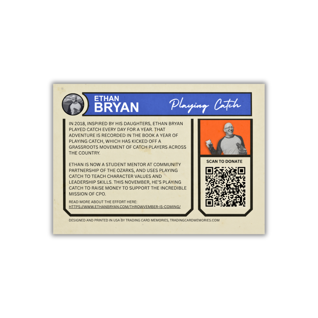 Back of the first edition Ethan Bryan Catch Partner trading card with story and donation QR code for Community Partnership of the Ozarks.
