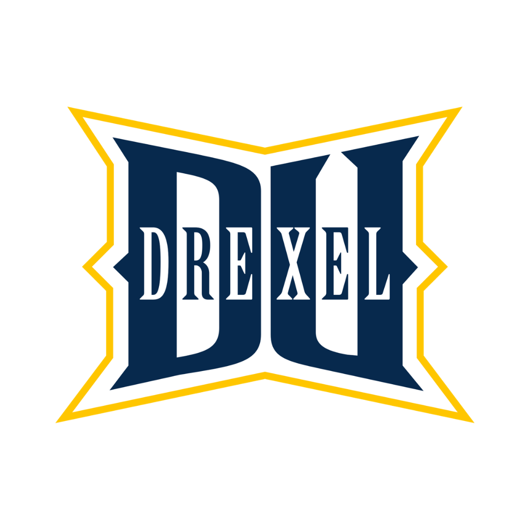 Drexel University logo with navy blue and white text on a yellow background