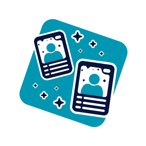 Illustration of two digitally displayed profile cards with user icons, surrounded by stars and sparkles.