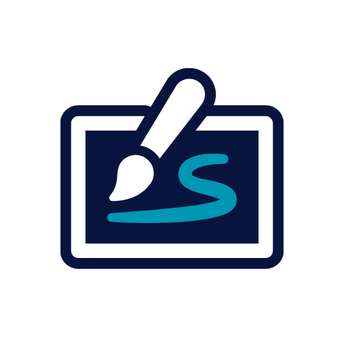 Icon of a drawing tool and a computer screen with a squiggly line, indicating digital drawing or graphic design.