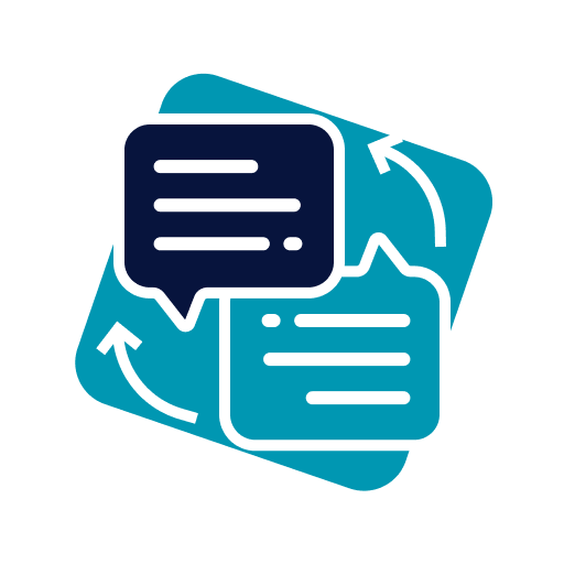 Illustration of two overlapping speech bubbles with arrows indicating conversation or exchange of messages.