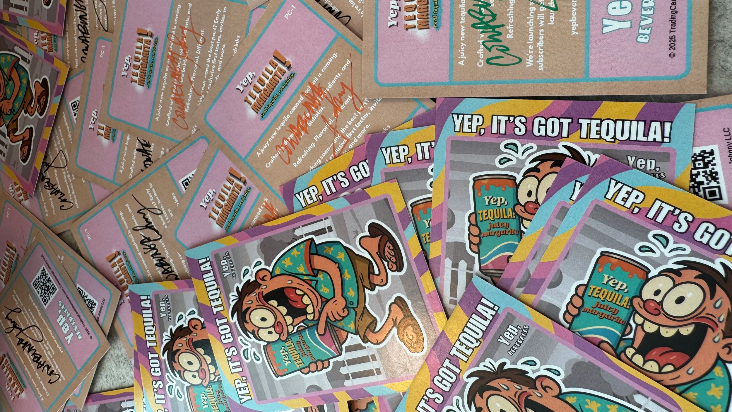 A pile of colorful stickers with a cartoon character holding a drink and the slogan 'YEP, IT'S GOT TEQUILA!' These stickers advertise a tequila beverage and are decorated with vibrant colors, cartoon illustrations, and bold text.