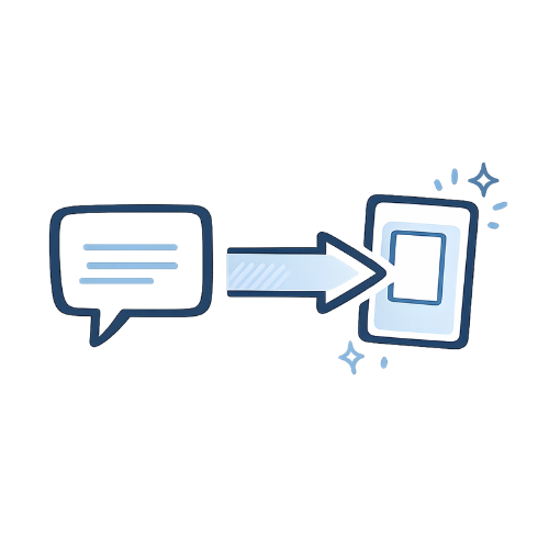 Digital illustration of a chat bubble with lines of text, an arrow pointing from the chat to a smartphone, and sparkles around the phone.