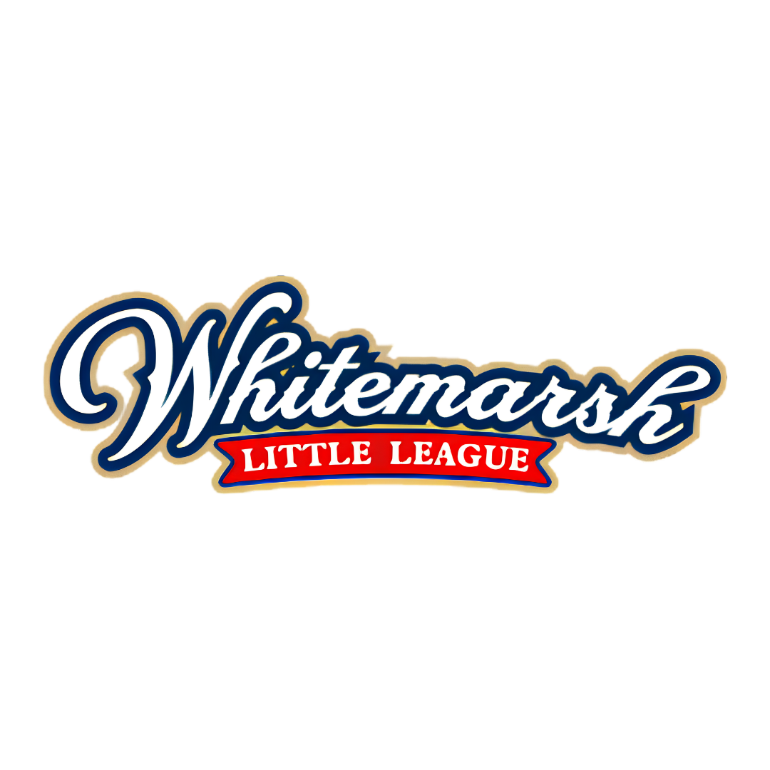 Logo for Whitemarsh Little League with blue cursive text and a red banner