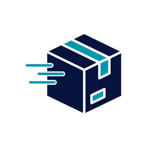 Illustration of a blue moving box with lines indicating motion, symbolizing a package in transit.