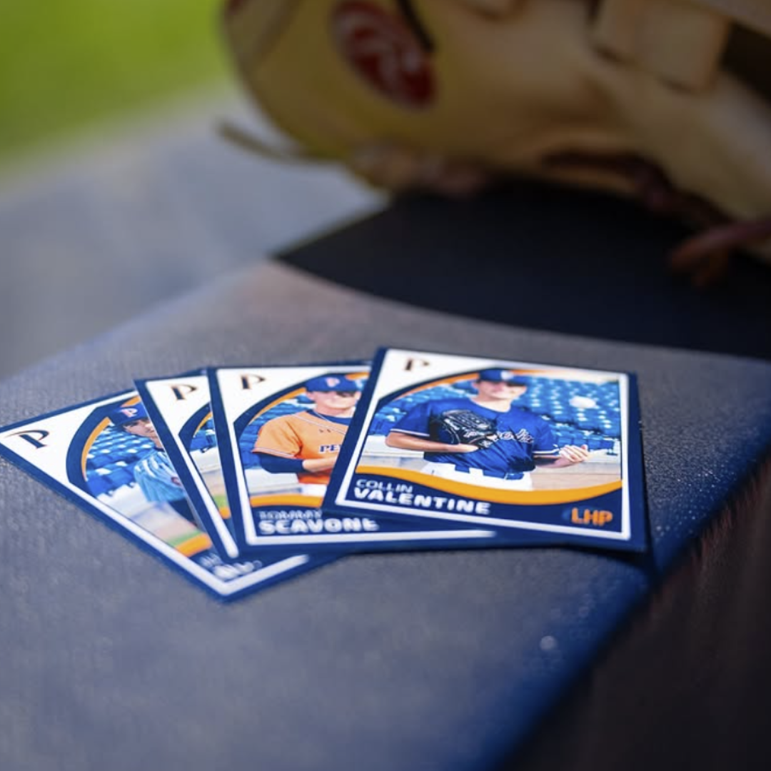 Fan of Pepperdine Waves baseball team trading cards featuring multiple players from the 2026 roster. Image courtesy of Pepperdine Baseball via Instagram.