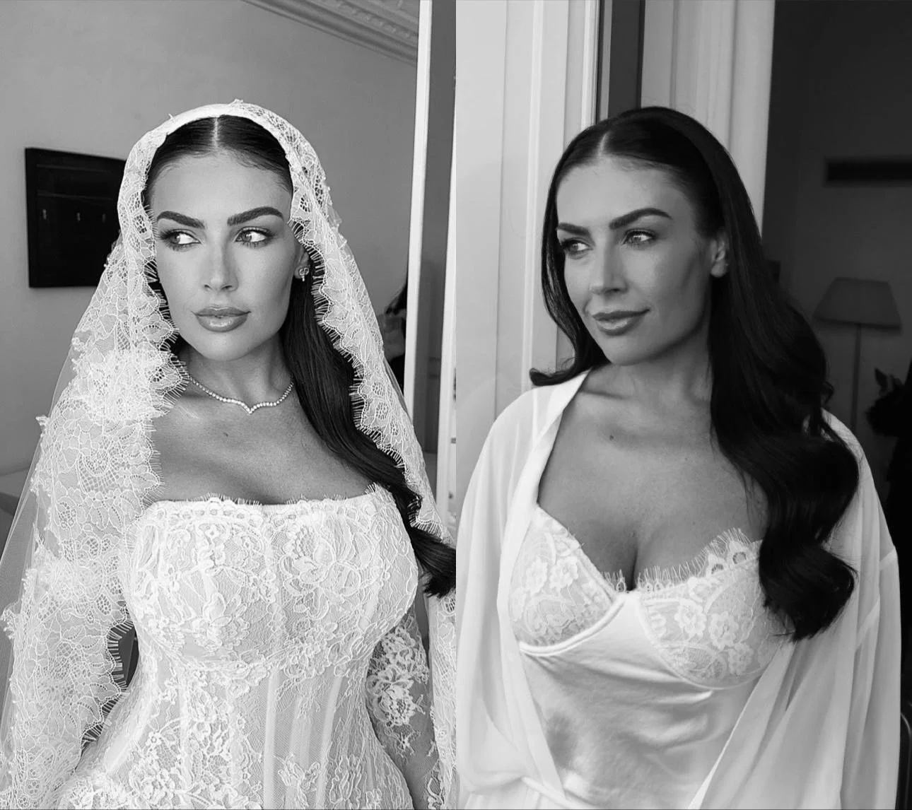 Black and white photo of two women, one in a wedding dress with lace details and veil, and the other in a robe with lace trim, standing side by side indoors.