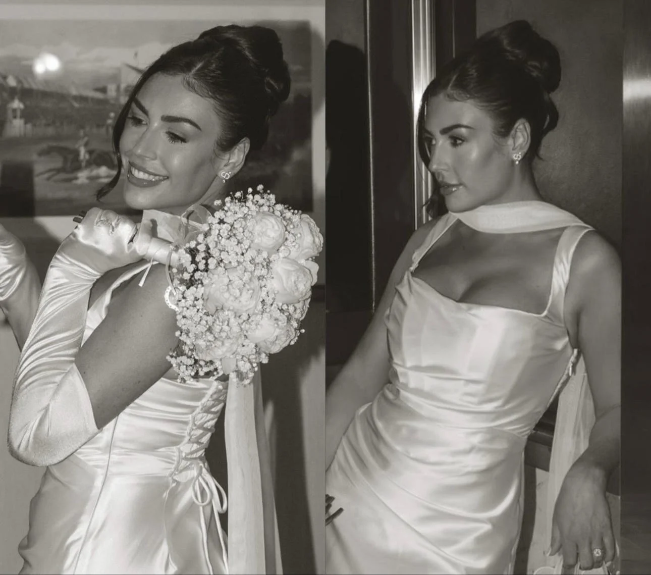 Black and white photo of two women in elegant satin dresses. The woman on the left is smiling and holding a bouquet of flowers, with covered shoulders and gloves. The woman on the right is looking to her left with a serious expression, with her hair 