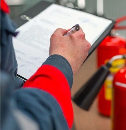 Person holding a clipboard and writing with a pen in an indoor setting, with fire extinguishers visible in the background.