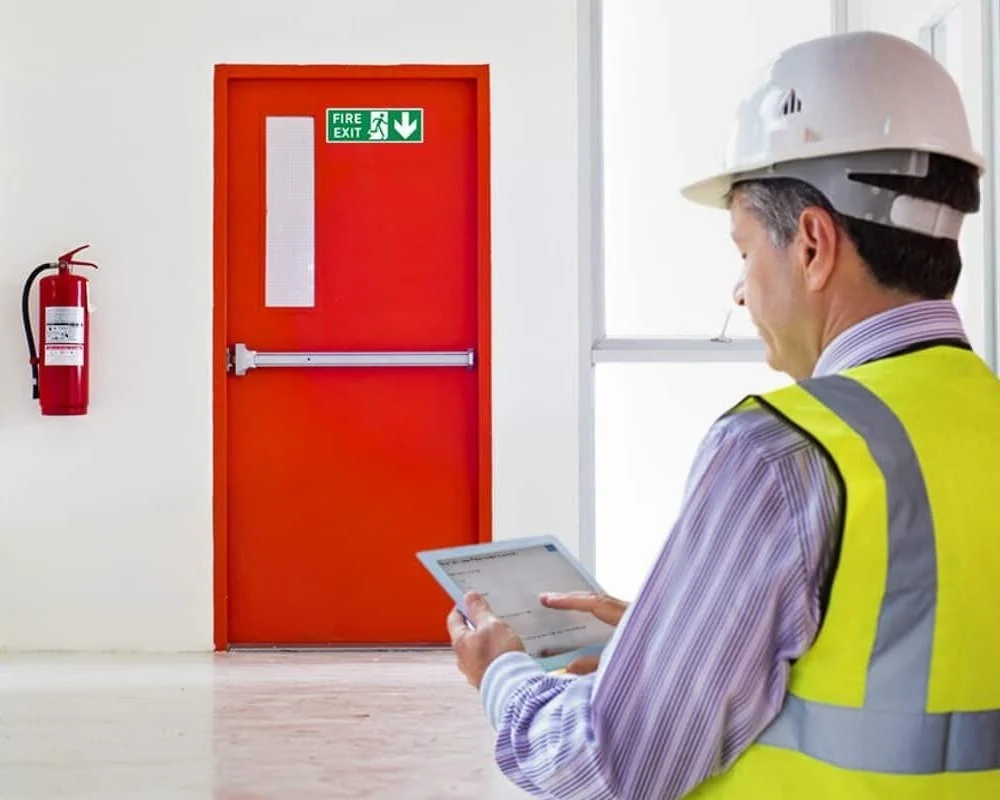 A man in a construction helmet and high-visibility vest is standing inside a building, looking at a tablet. There is a red fire exit door and a fire extinguisher on the white wall behind him.