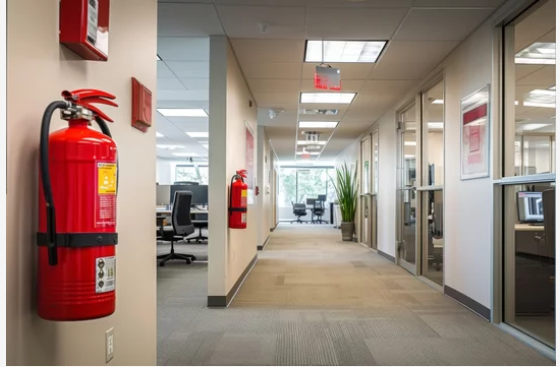 Office corridor with fire extinguishers on the wall, glass-walled offices, a potted plant, and ceiling lights.