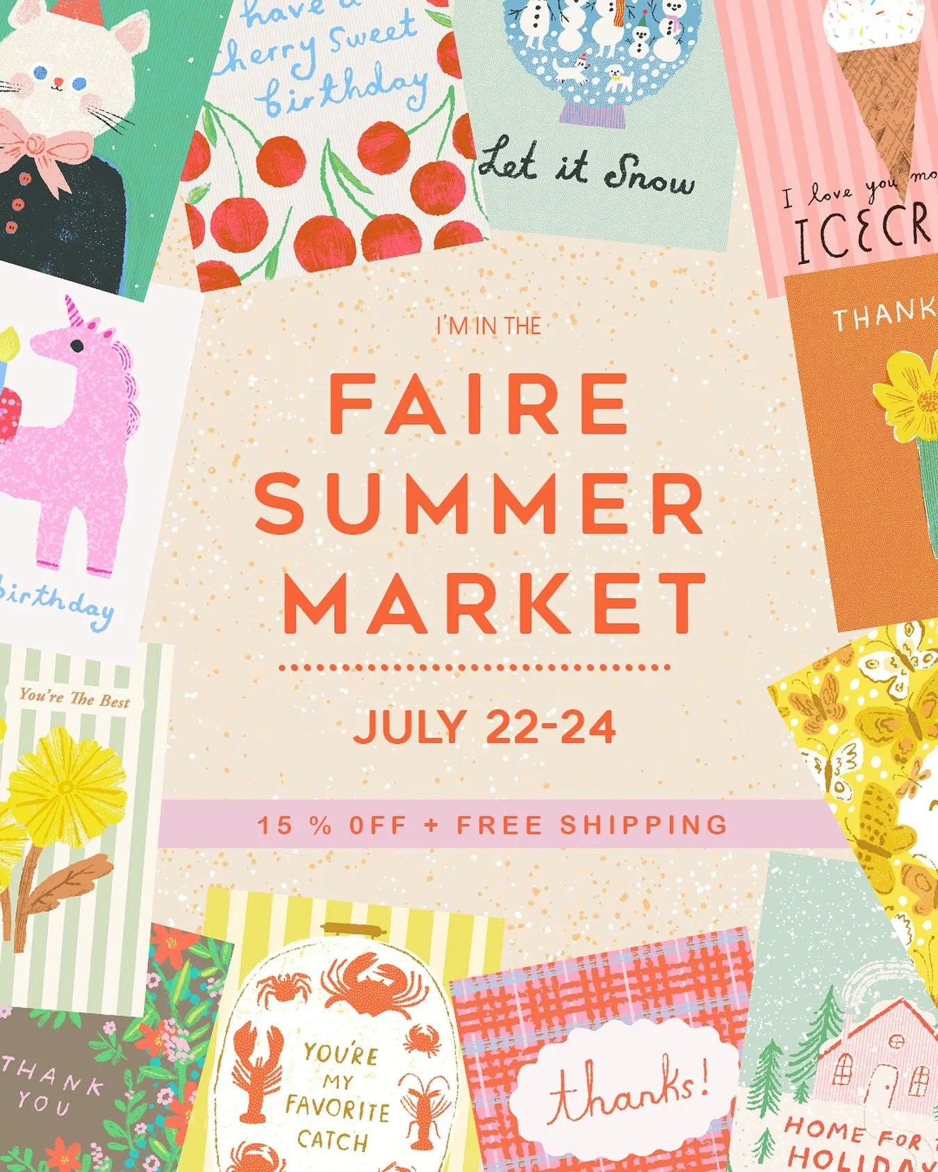 ✨ It&rsquo;s Faire Summer Market week! ✨ 2 days left!! 
From July 22&ndash;24, take 15% off all wholesale orders + enjoy free shipping on everything in my shop! 💌🎉

I&rsquo;ve got so many new designs to choose from- I hope you find some adorable, u