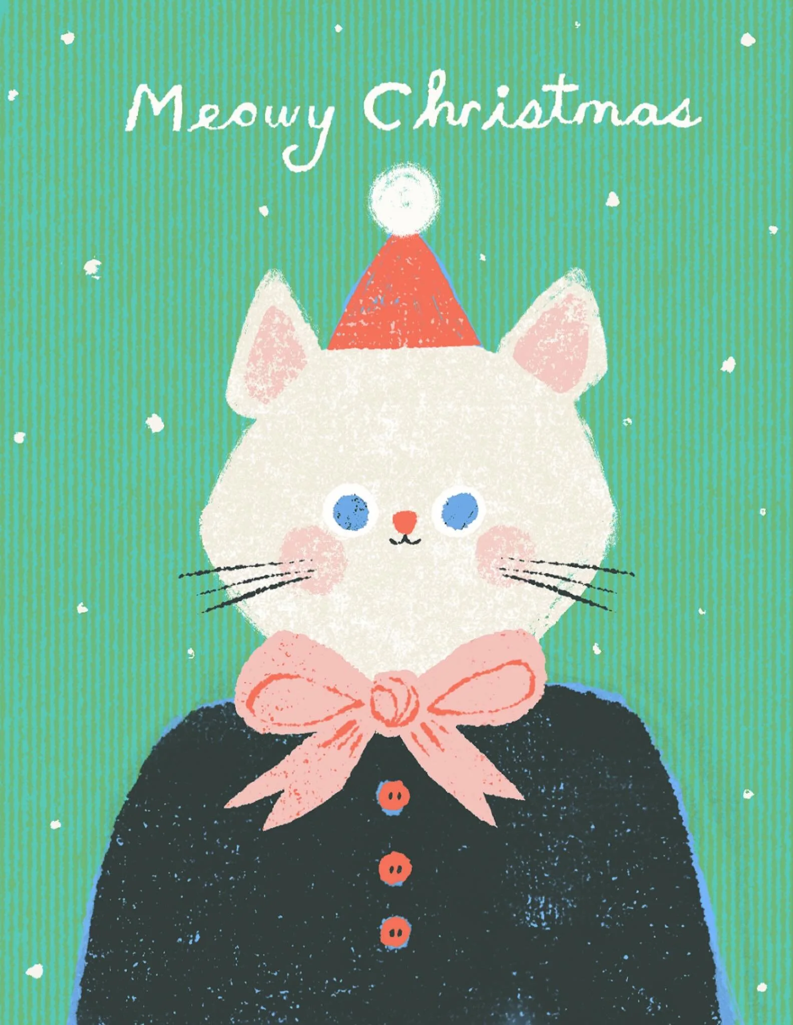 A favorite of mine! Can&rsquo;t go wrong with a cat, a bow, fun texture, stripes, and a tiny hat. And don&rsquo;t forget the crazy eyes!😻

&mdash;
#catchristmas #christmascats #catillustration #festivecats #holidaycats #catsinchristmas #snowycat #co