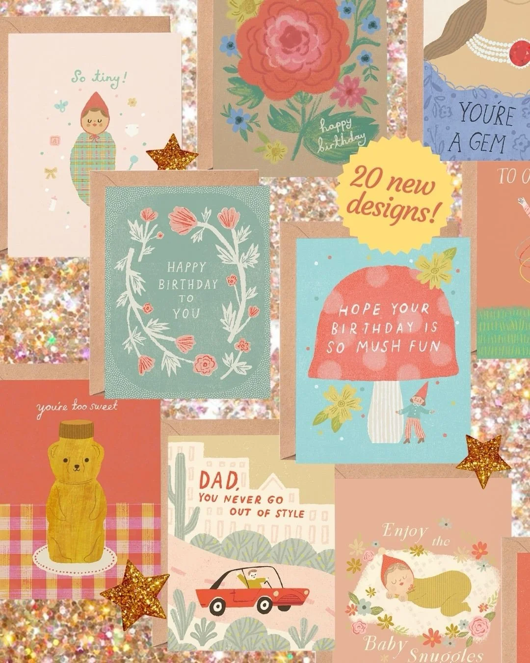 My newest greeting card collection is here 🌟20 brand new, one-of-a-kind designs, all hand-drawn by yours truly. 

The collection includes cards for all the upcoming celebrations- Mother&rsquo;s Day, Father&rsquo;s Day, graduation, birthday, love and