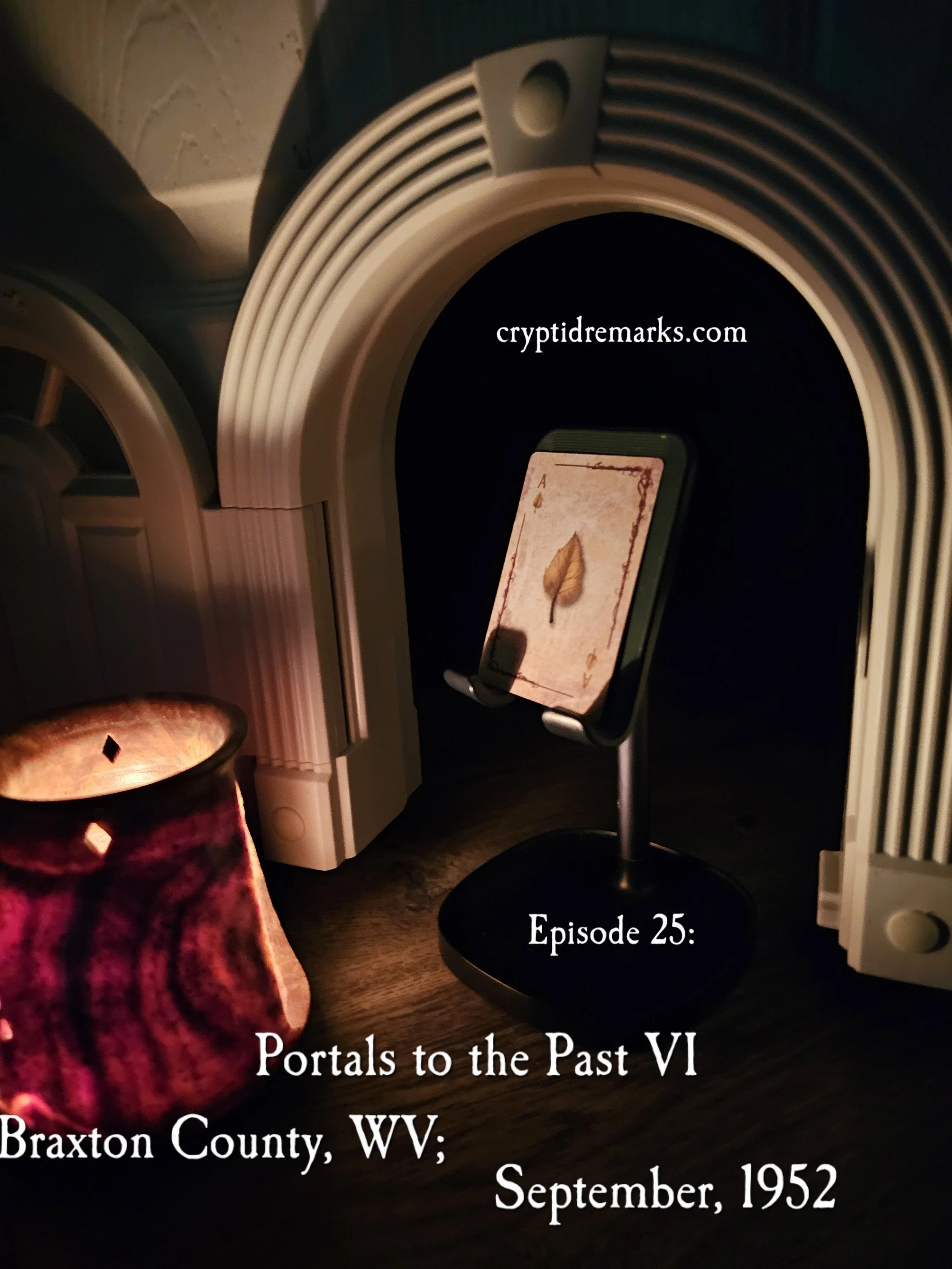 An Ace of Spades playing card on a stand in a dimly lit doorway