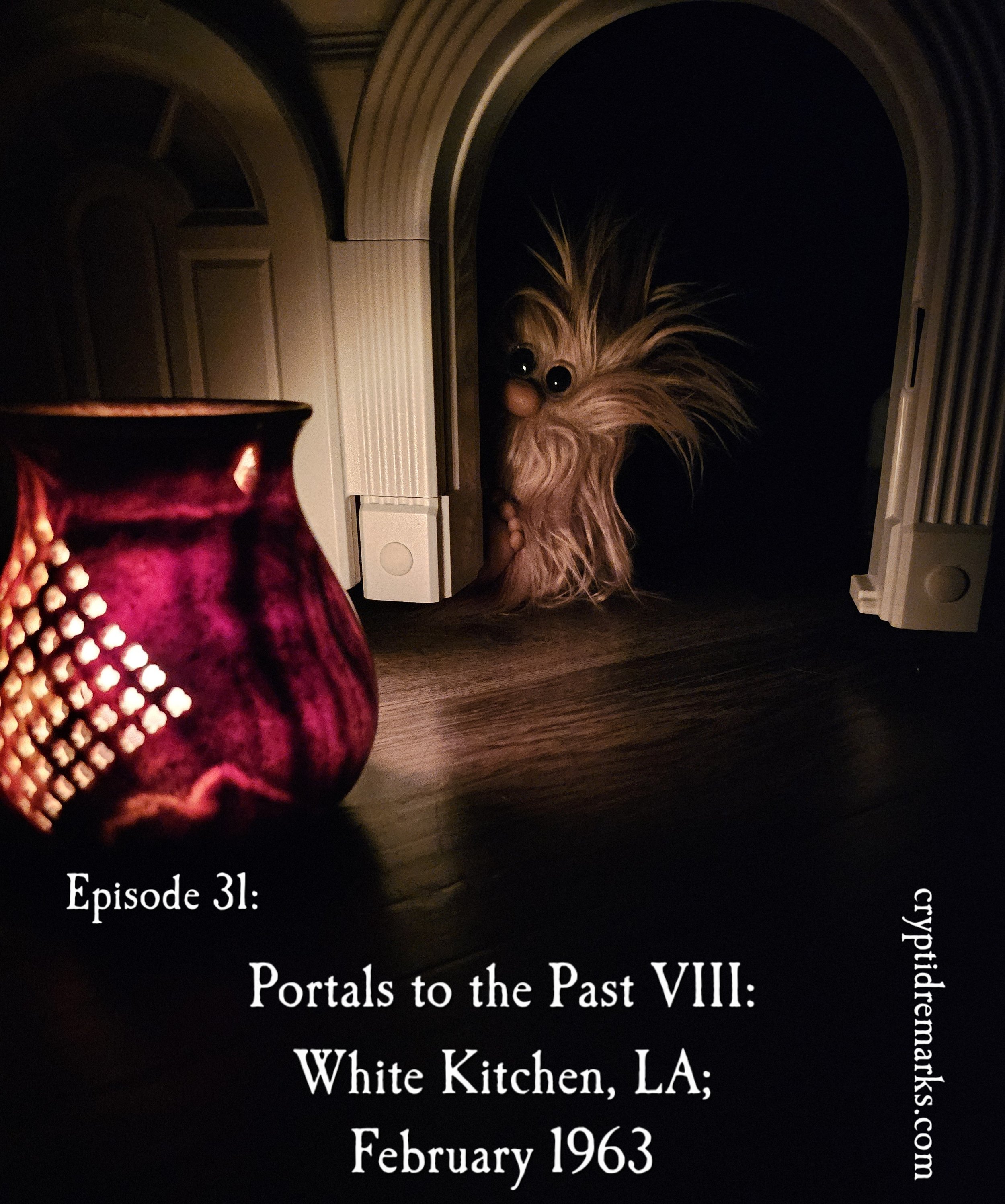 A hairy creature peers around a dark doorway