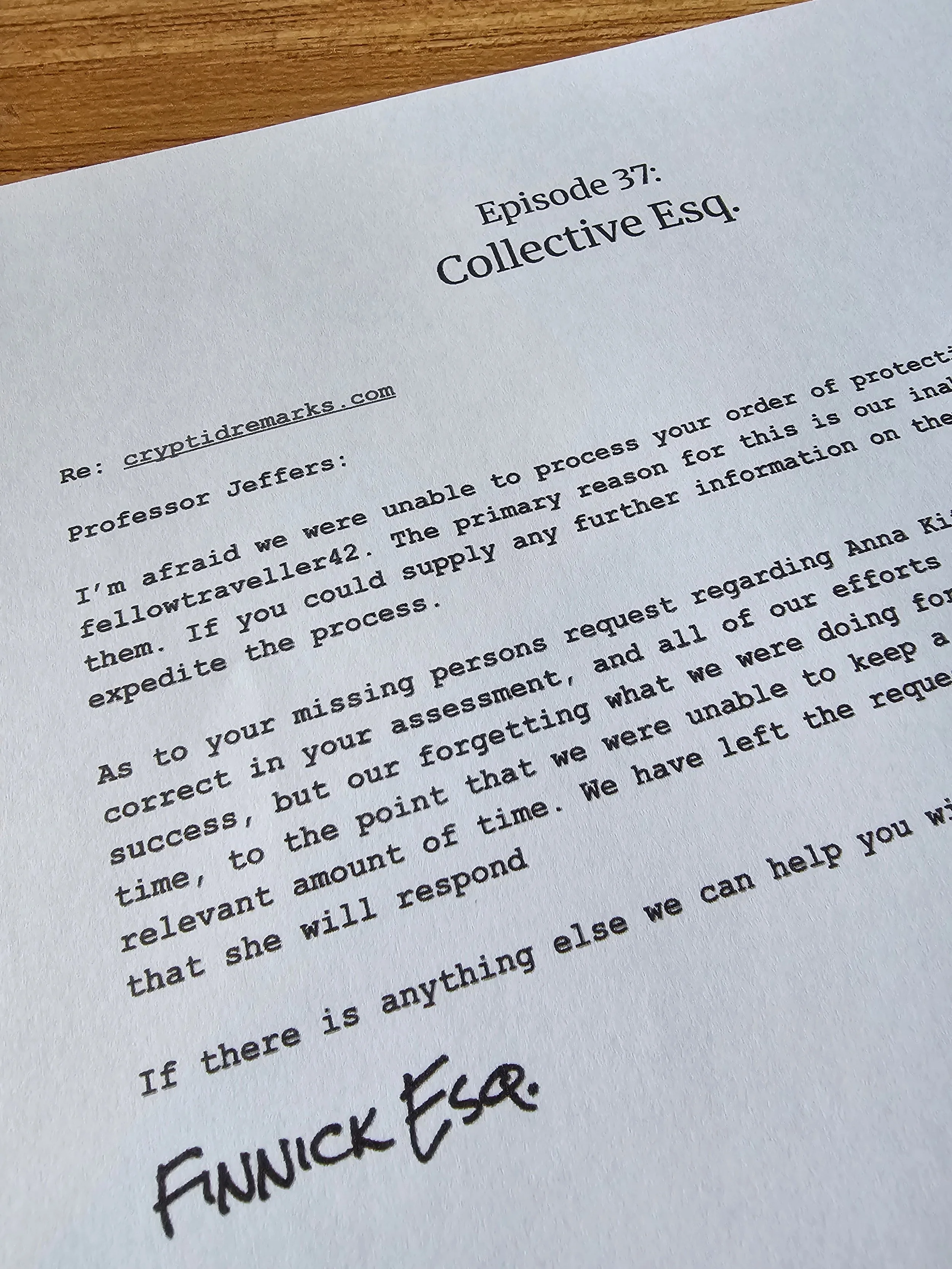 A legal letter signed Finnick Esq.