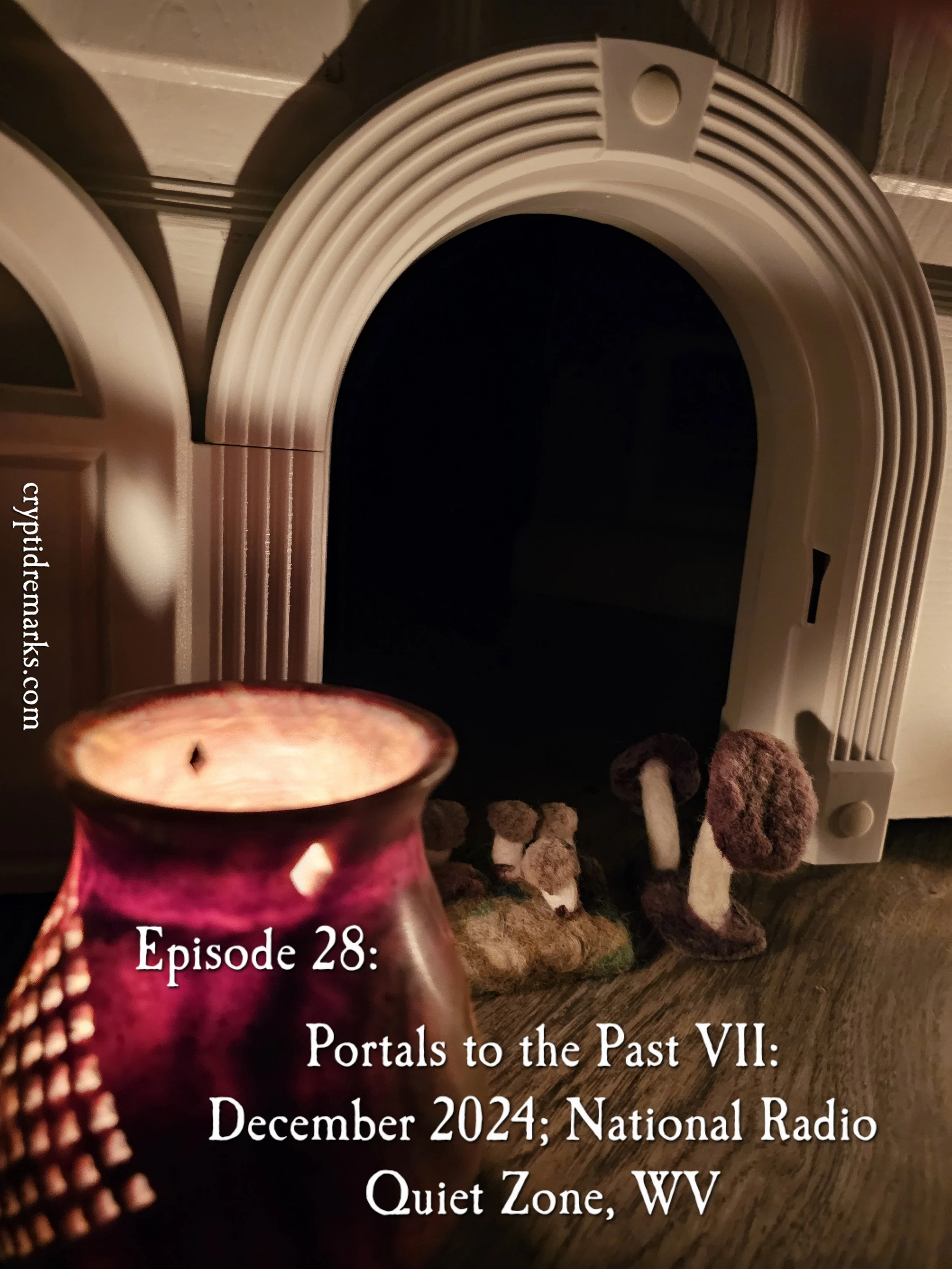 A small door with a fungal forest inside it, behind a lit candle in the foreground