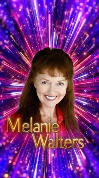 A woman with brown hair smiling, with a vibrant purple and pink light burst background, and the text 'Melanie Walters' in gold letters.
