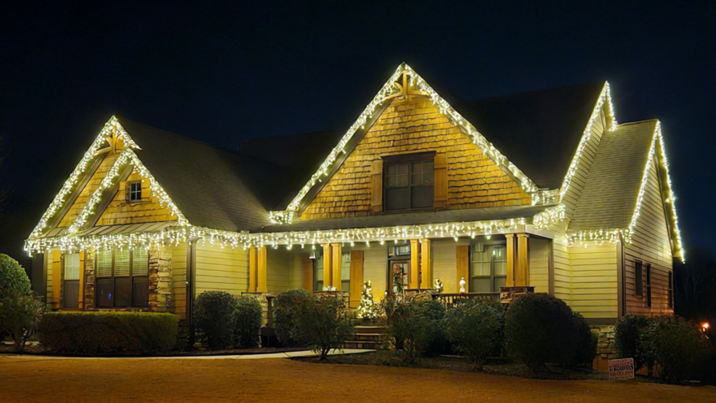 Warm white icicle Christmas lights on home in Canton GA