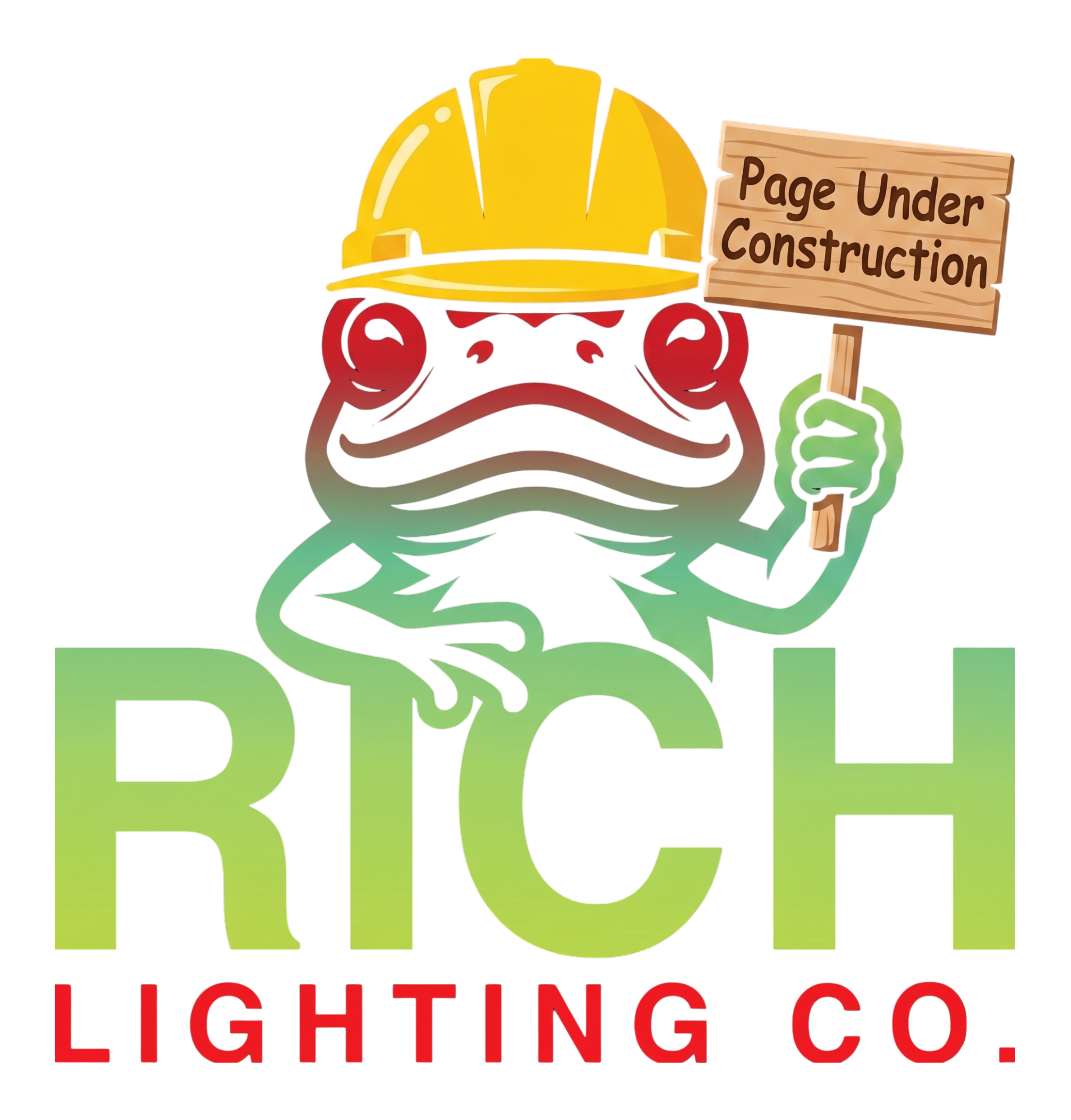 Illustration of a frog holding a sign that reads 'Page Under Construction' with a yellow construction helmet on its head. The frog is part of a logo with the text 'LIGHTING CO' underneath.