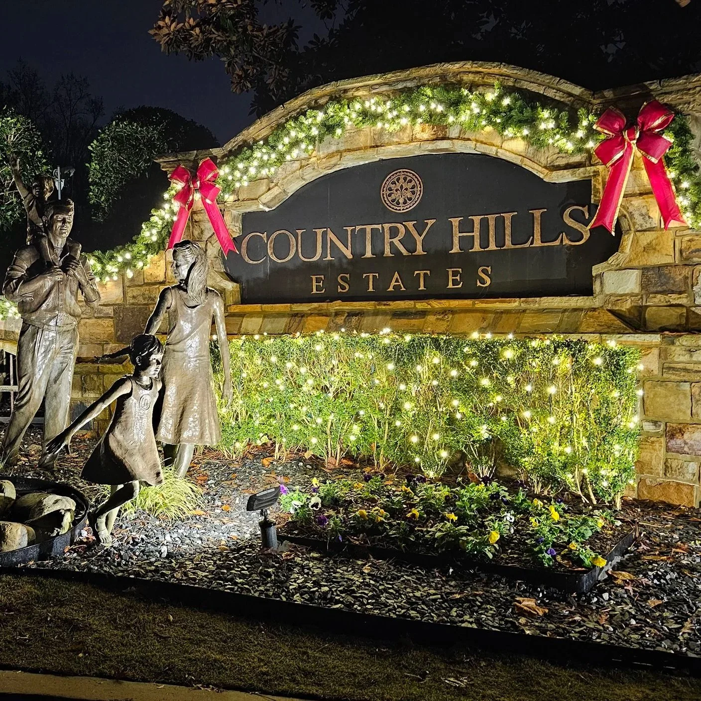 Country Hills Estates HOA entrance monument Christmas lights Atlanta GA