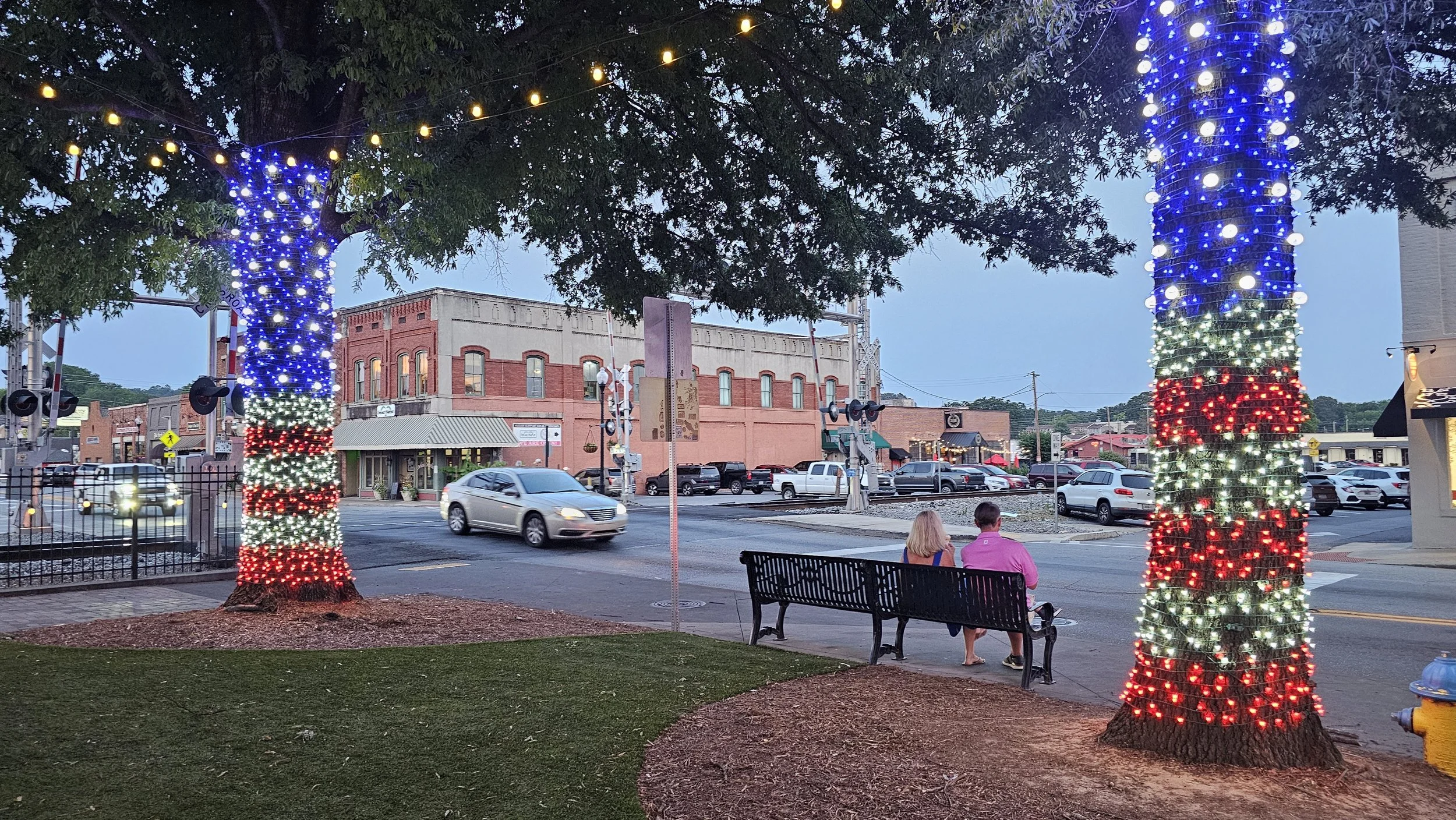 American flag Old Glory trees in downtown Cartersville for Independence Day red white blue lights