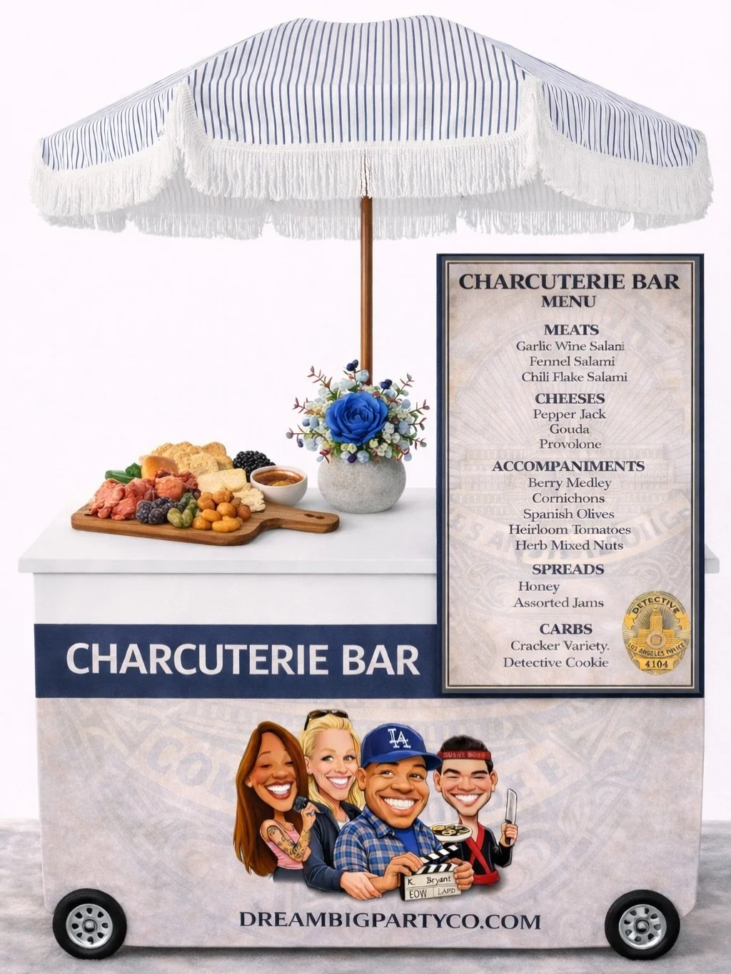 Dream Big Charcuterie &amp; Beignet bars with customized EVERYTHING for this one!
Happy Retirement, KB 💙 
#retirementparty #lapd #charcuteriecart #beignets #losangeles