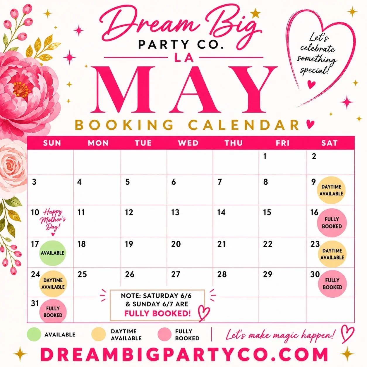 Here is our current upcoming weekend availability as of today 5/3 through 6/7. Our dates fill up fast, our availability changes daily, and we are already booking 2027 events. If you know your date and you know you want Dream Big there, get on our cal