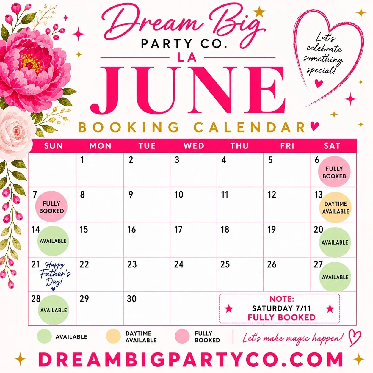 Our June Weekend availability is up and current as of today 5/14/2026. It can change daily. Please book as far in advance as possible, we already have multiple 2027 bookings. No booking is confirmed until the retainer fee is received. Thank you and w