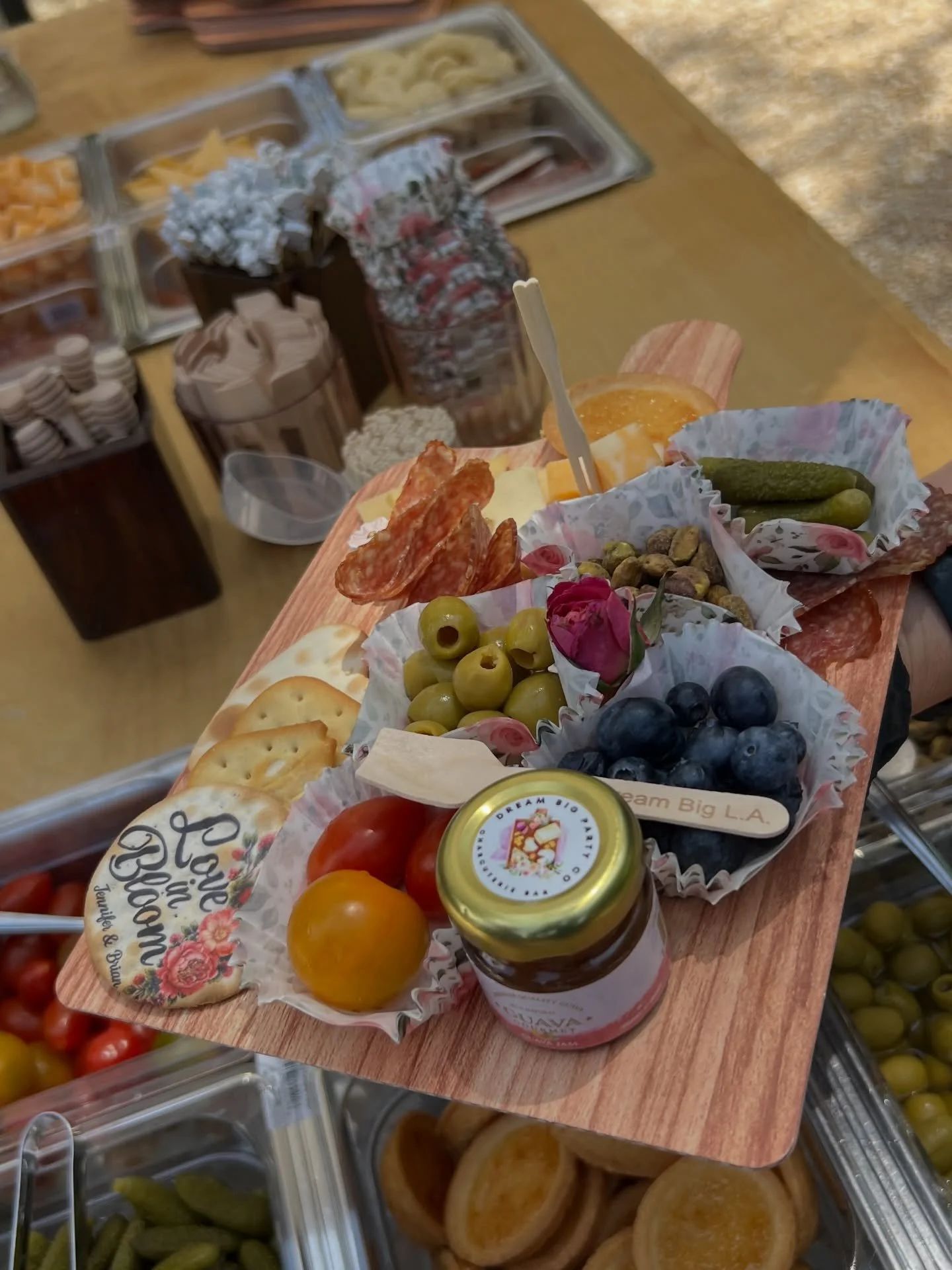 Love in Bloom Charcuterie Bar for the Bride &amp; Groom To Be Jennifer &amp; Brian 🌺 
The details on this one were unmatched! 
&bull;Heart &amp; flower shaped salami
&bull;Heart &amp; Tulip shaped crackers 
&bull;Personalized Crackers
&bull;Edible R