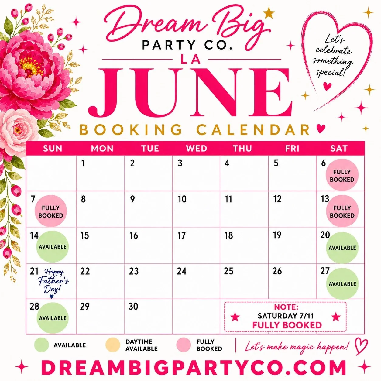 May calendar is closed. This is our current June availability as of today 5/26. We book multiple events per day so please book ASAP as our availability changes daily and we operate on a first paid first served basis. Summer is filling up fast and we 