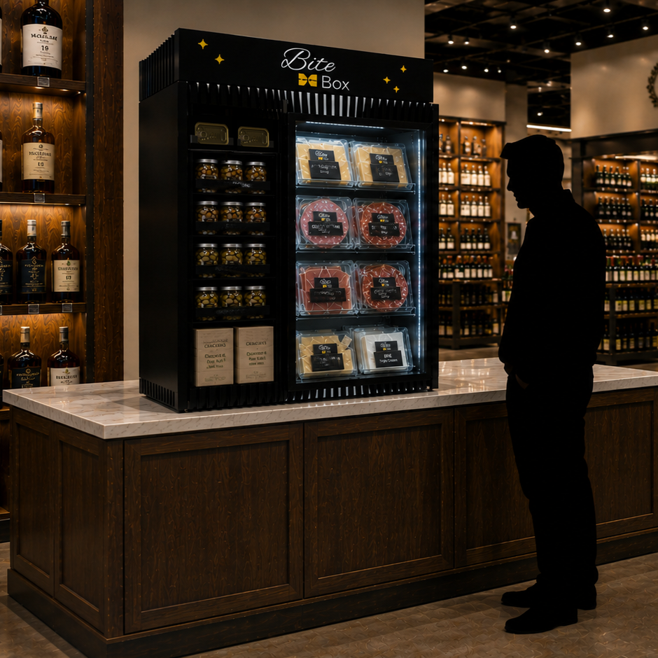 A person standing in front of a refrigerated display case labeled 'Bite Box' in a store, with shelves of liquor bottles on the walls surrounding the display.