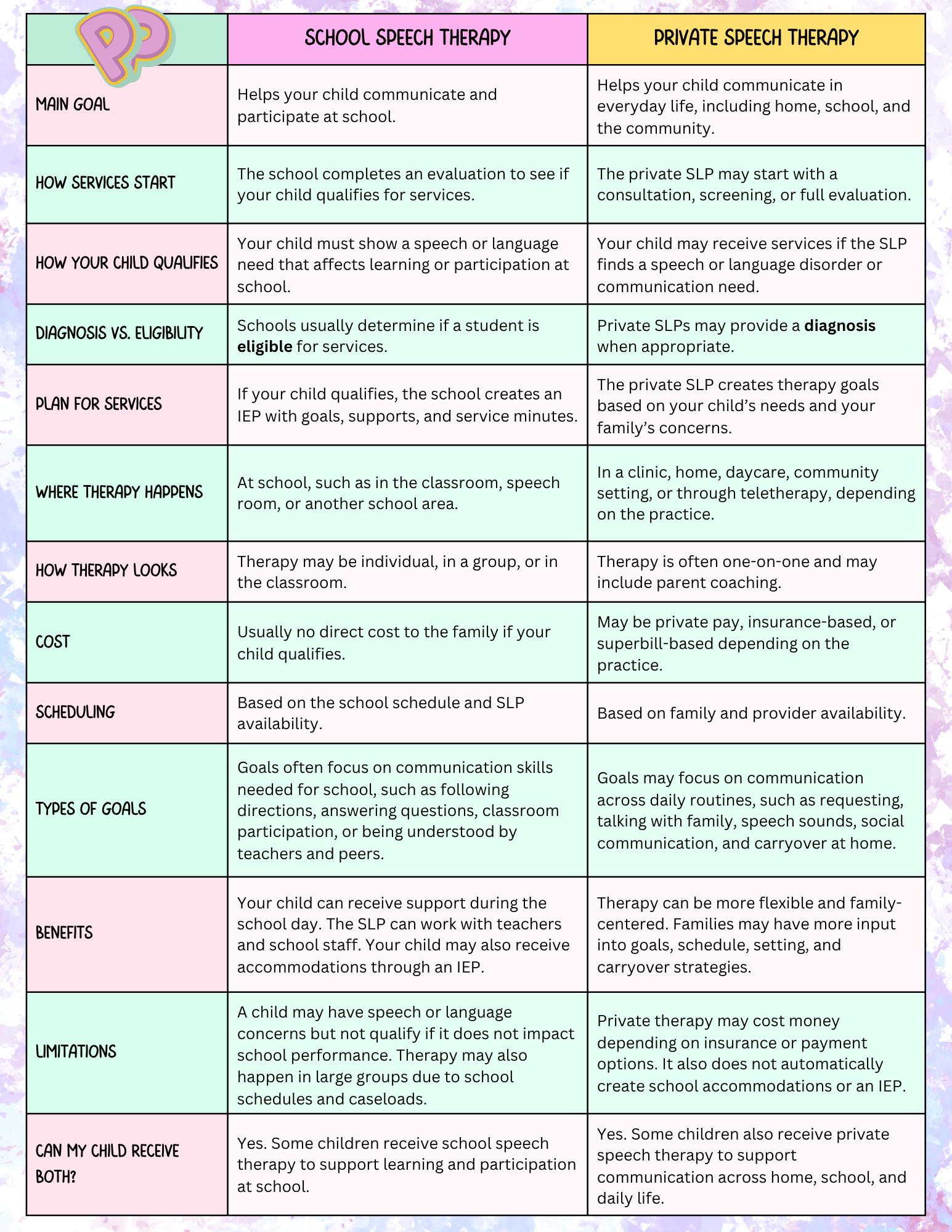 School Vs Private Speech Therapy Pros and Cons - Playful Paths Speech Therapy LLC Infographic