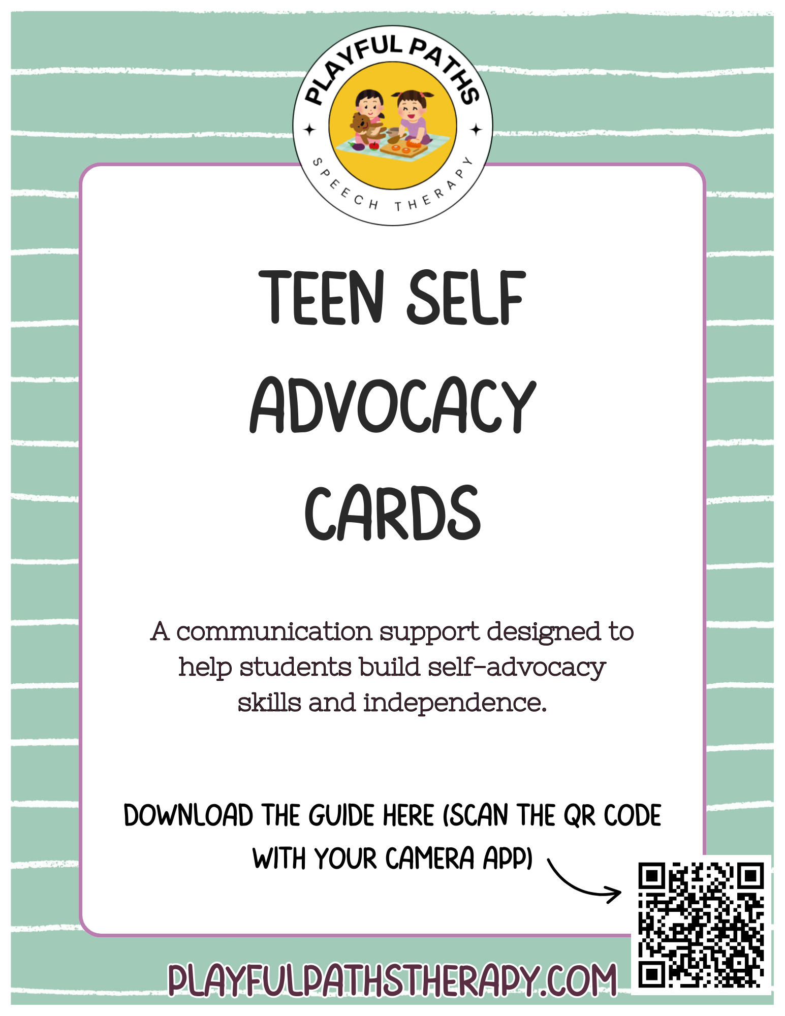 Playful Paths Speech Therapy Free Resource for parents Teen self advocacy cards cover page