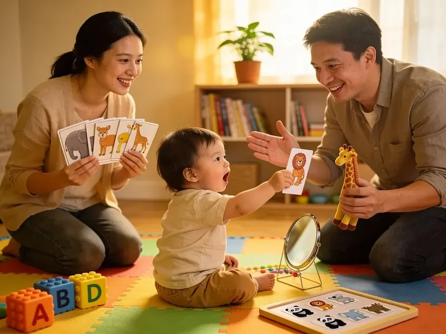 Parents coaching her toddler through play-based speech therapy activities