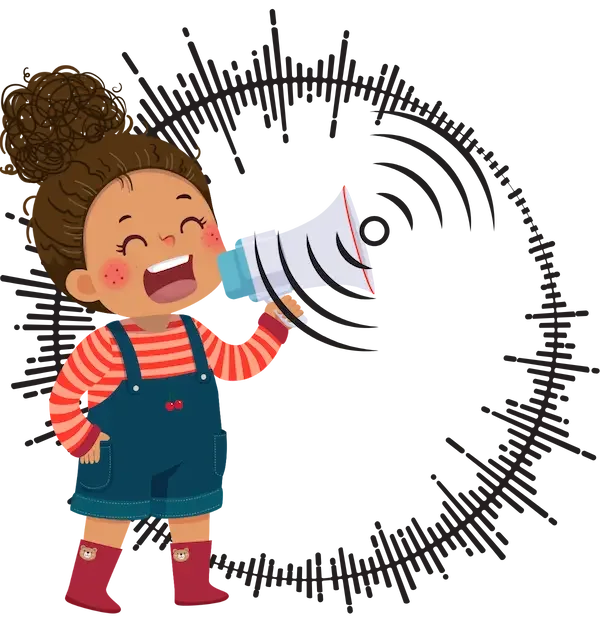 Illustration of a child speaking with sound waves, representing speech sound pattern development