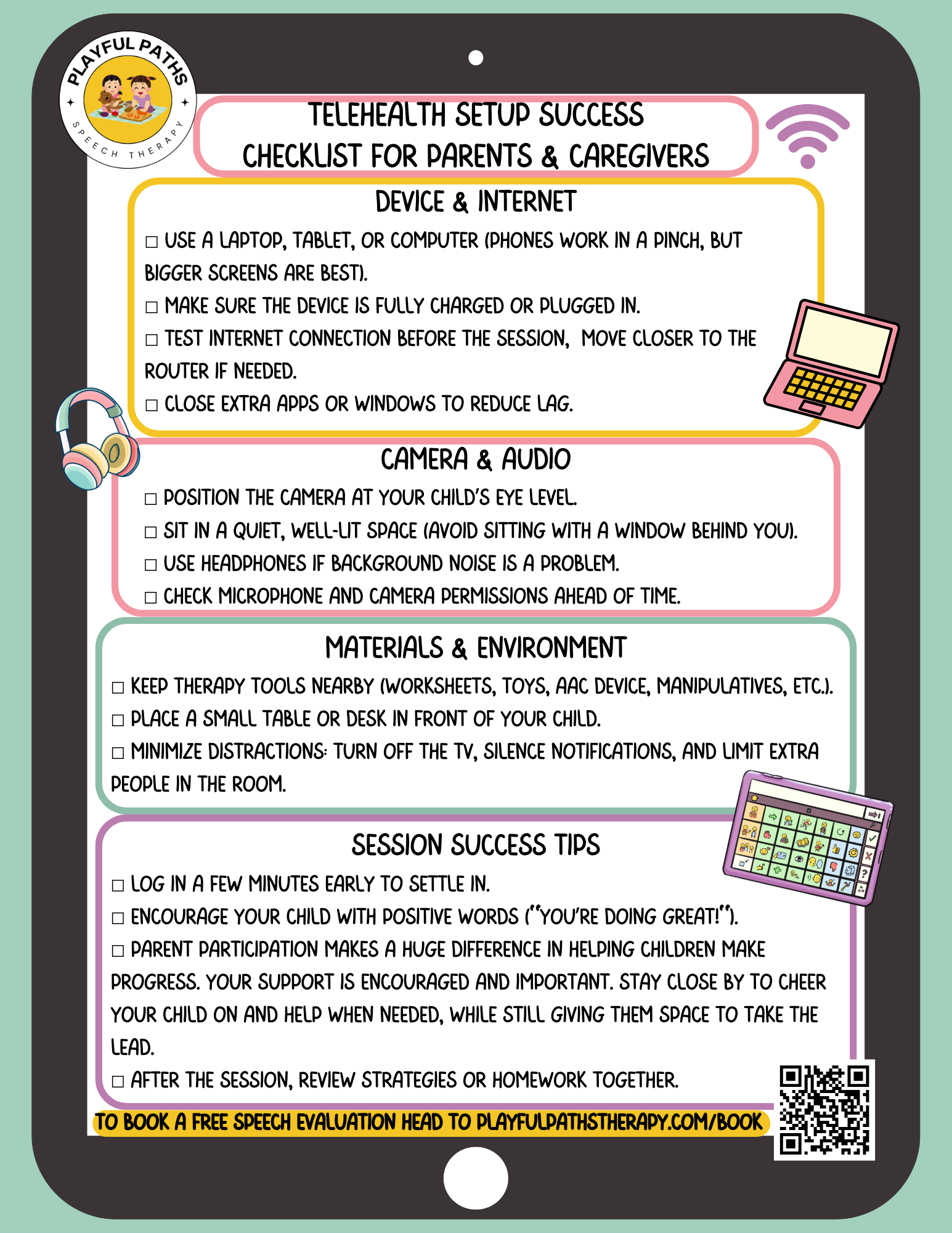 Speech Therapy Telehealth Setup Checklist Information On an AAC Device