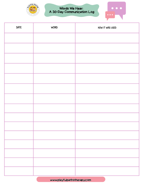 30 Day communication Log Free Speech Therapy Parent Resource for Children and Teenagers Log Page