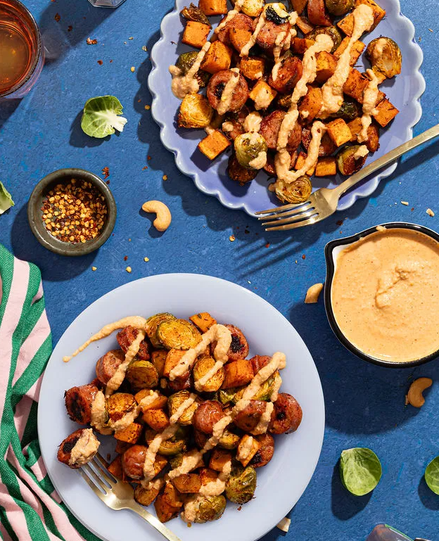 Sheet Pan Chicken Sausage and Veggies with Cashew Sauce