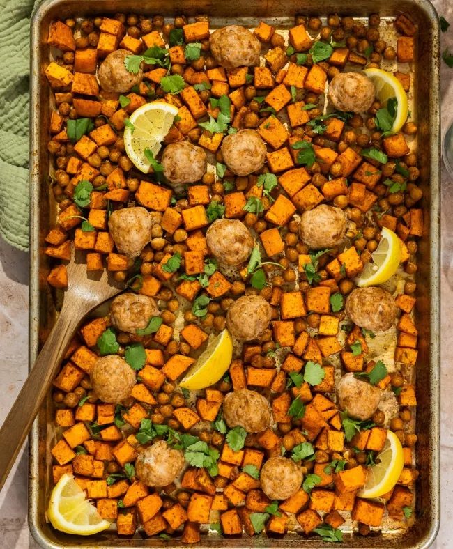 Spiced Veggie and Meatball Sheet Pan with Yogurt Sauce