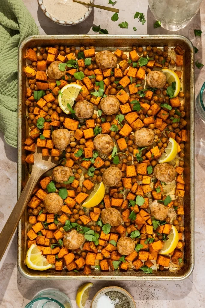 Spiced Veggie and Meatball Sheet Pan with Yogurt Sauce