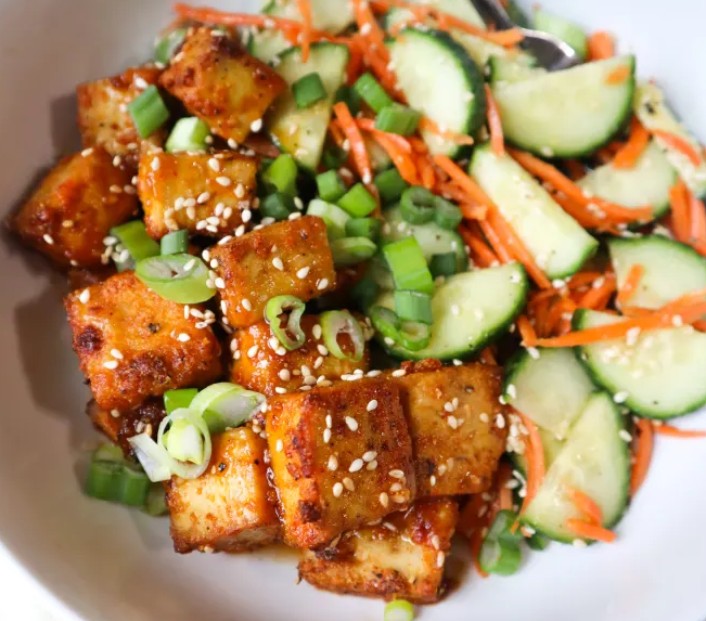 Crispy Sweet &amp; Spicy Tofu with Cucumber Salad