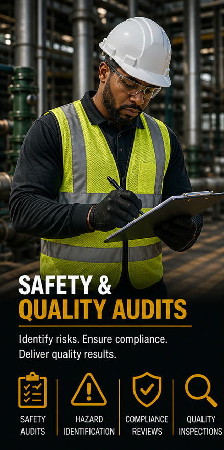 A male worker in safety gear, including a white helmet, safety glasses, and a yellow high-visibility vest, writes on a clipboard in an industrial setting with pipes and metal structures. The image promotes safety and quality audits.
