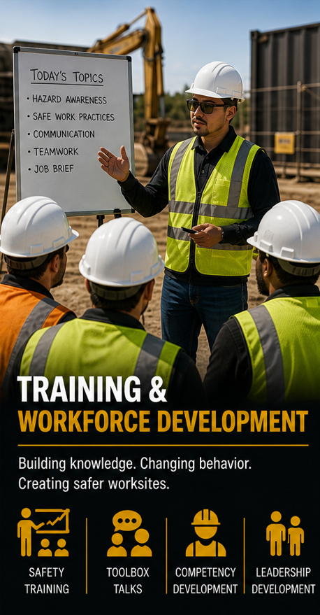 A construction worker in a safety vest and hard hat giving a safety training presentation to a group of workers outdoors at a construction site, with a whiteboard listing today's training topics.